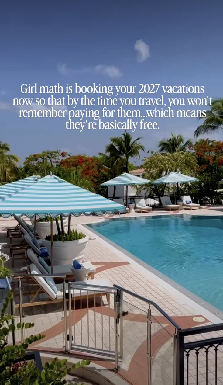 Resort pool with striped umbrellas and palm trees, with on-screen text about booking 2027 vacations now, from a Reel for The Travel Boutique